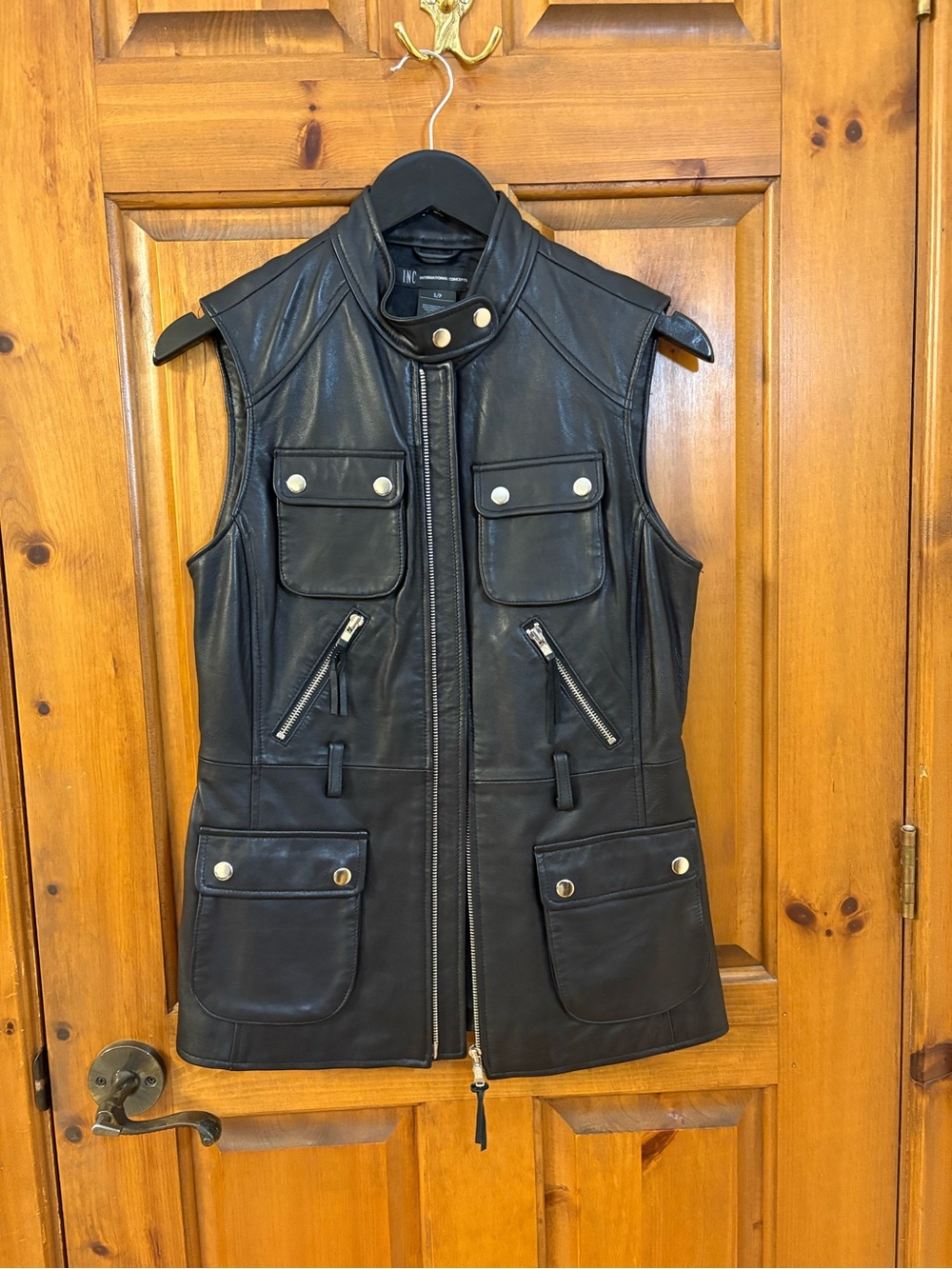 INC International Concepts Black Leather Pocketed Moto Vest